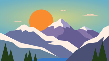 Stylized mountain valley landscape with bright sun and layered peaks. Ideal for travel ads, camping themes and natural scenery backgrounds. © yossi