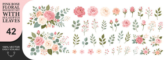 Pink rose floral bouquet set with eucalyptus leaves. forty-two vector elements including individual flowers, leaves, and arranged bouquets. perfect for invitations, weddings, and cards. © PixiBoo Studio
