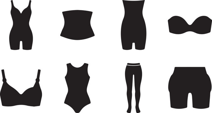 Set of black and white flat icons depicting women's shapewear, bodysuits, and undergarments