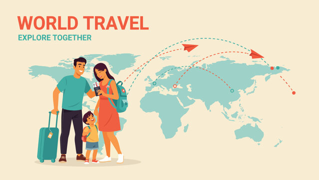 Family world travel illustration with map and suitcase vacation airplane adventure sightseeing destination