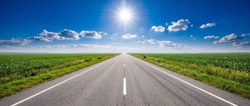 Straight asphalt road through green corn fields under a bright sunny blue sky