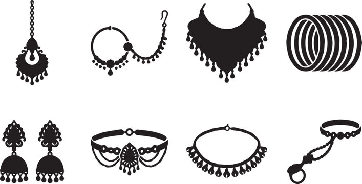 Set of black and white flat icons featuring traditional Indian bridal jewelry and accessories