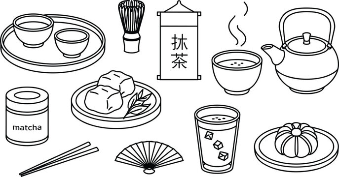 Traditional Japanese matcha green tea ceremony element collection with whisk teapot iced glass cup sweets and bamboo fan