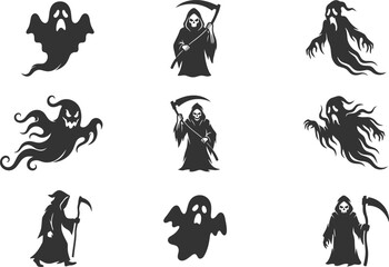 Fototapeta premium Set of spooky ghost and grim reaper silhouettes for halloween design projects