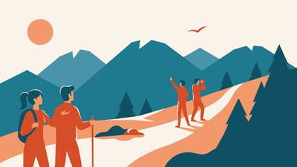 Fototapeta premium Illustration of active people hiking on a mountain trail in the sunlight with mountains adventure trekking outdoors