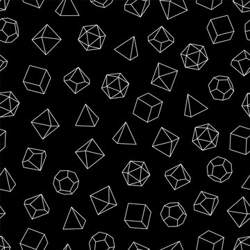 Seamless vector pattern of white dice for board games in outline style, black background