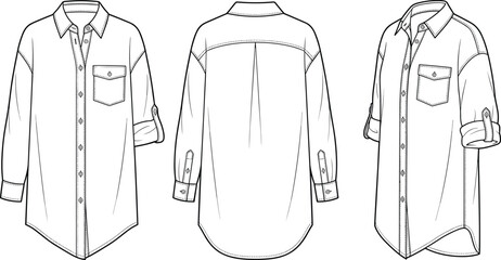 Fashion technical sketch of an oversized women button down shirt dress from multiple angles © Jahid