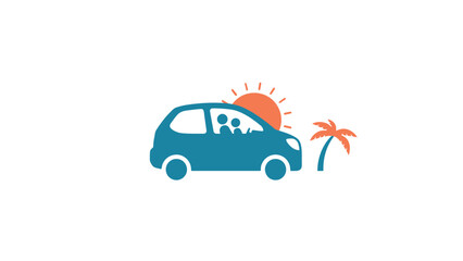 Obraz premium Small car driving during sunset near tropical palm tree with vacation automobile tropical adventure transport