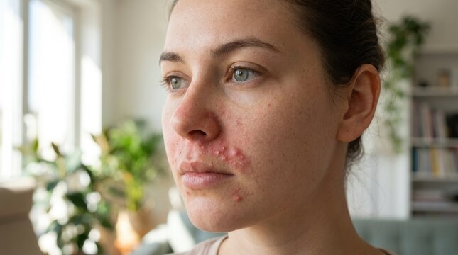 Dermal microbe condition: Staphylococcus contagion, bacterial infection, facial symptom, pustule breakout, skin problem, woman profile, health issue, redness visible, epidermal damage.