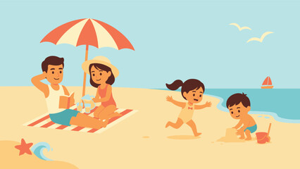 Happy family enjoying summer vacation at tropical beach with umbrella vacation umbrella children paradise sunshine