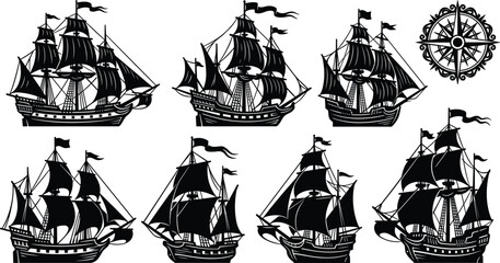 Vintage sailing ship silhouettes bundle with old windrose compass rose icon for nautical map design projects and tattoos © mdtanjimul