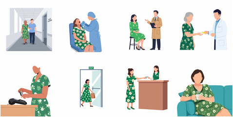 Fototapeta premium Flat vector illustration set of a woman patient visiting a medical clinic, consulting with doctors, receiving dental treatment, and hospital reception services.