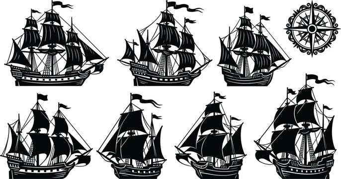 Vintage sailing ship silhouettes bundle with old windrose compass rose icon for nautical map design projects and tattoos