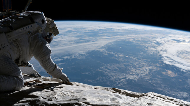 Spacewalk astronaut replaces degraded multi-layer insulation blanket on orbital module exterior, rim backlighting silhouette against full Earth hemisphere, tools clipped to safety