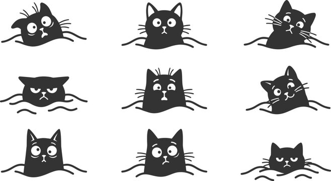 Collection of funny black cat heads emerging from water surfaces
