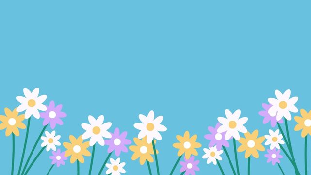 Flowers in a horizontal line create a vibrant border across the base of a clear blue background.