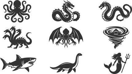 Mythical sea creatures and legendary ocean monsters vector icon set © Vecto_Pixels