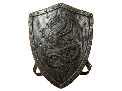 A weathered metal shield with a dragon design on a white background