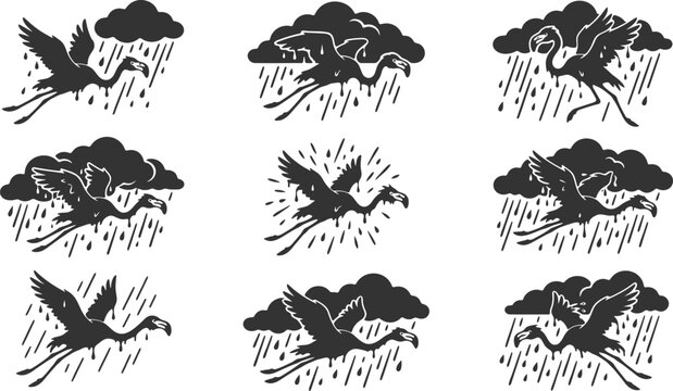 Flamingos flying through rain and storm clouds vector icon set