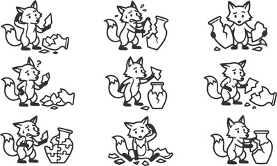 Obraz premium Fox character trying to fix broken pottery shards vector icon collection