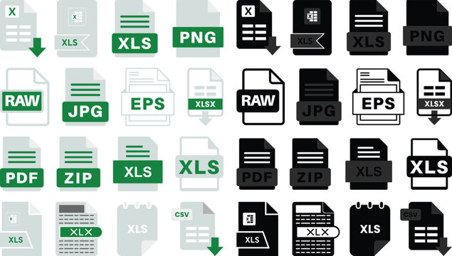 Collection of file format icons featuring XLS, XLSX, CSV, PDF, ZIP, JPG, PNG, RAW and EPS document symbols. Perfect for apps, websites, file management and UI design.