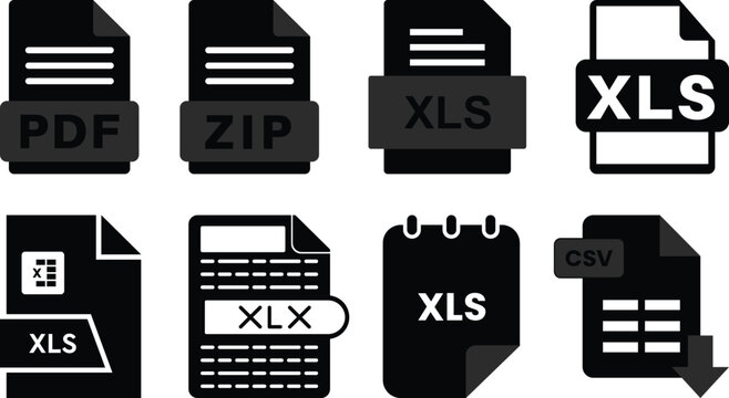 Collection of file format icons featuring XLS, XLSX, CSV, PDF, ZIP, JPG, PNG, RAW and EPS document symbols. Perfect for apps, websites, file management and UI design.