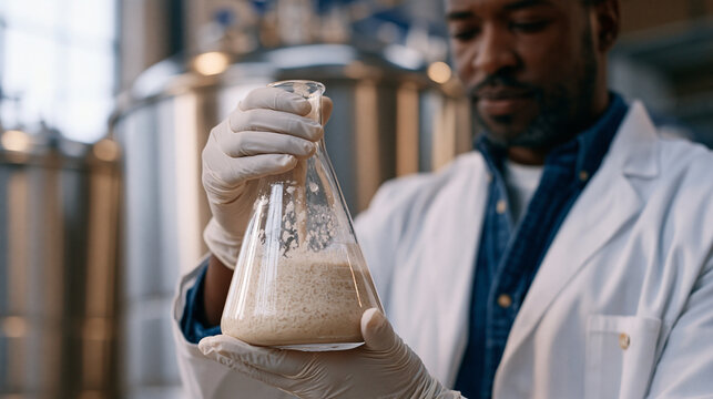 Shallow depth focus on Ethiopian biochemist's gloved hands swirling bioreactor flask in precision fermentation lab, cultivated dairy proteins forming visible cultures, industrial