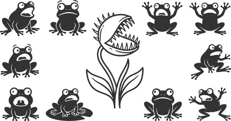 Set of cute frog silhouettes and venus flytrap plant vector illustration © Vecto_Pixels