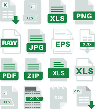 Collection of file format icons featuring XLS, XLSX, CSV, PDF, ZIP, JPG, PNG, RAW and EPS document symbols. Perfect for apps, websites, file management and UI design.