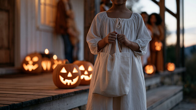Halloween carved pumpkin arrangement decorates front porch of rural farmhouse at twilight, Berber family gathering on wooden steps, children in handmade costumes clutching fabric