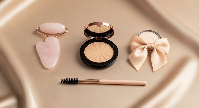 Elegant Beauty Accessories Arranged on Beige Satin Fabric Background