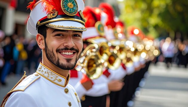 Smiling Musician in Parade Uniform with Brass Instruments.
