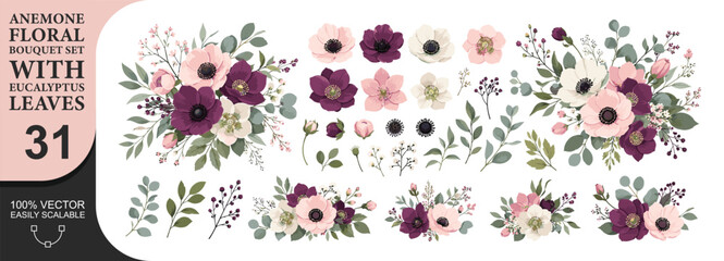 Anemone floral bouquet set with eucalyptus leaves for wedding design. © PixiBoo Studio