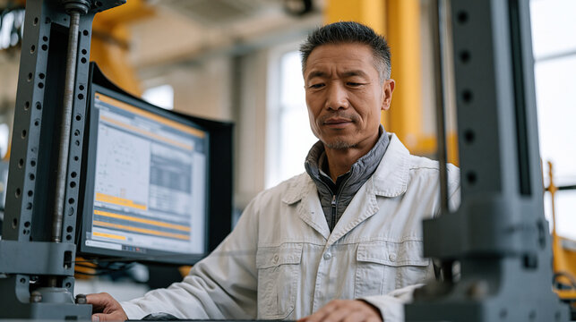 Carbon nanotube elevator tether tensile strength test in industrial materials laboratory, Tibetan engineering technician monitoring stress gauge readout on curved monitor while