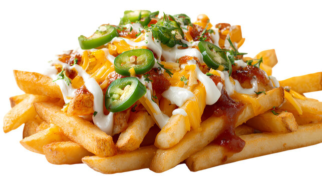 Loaded french fries with jalape&ntilde;os cheese sour cream and salsa in mouthwatering pile.