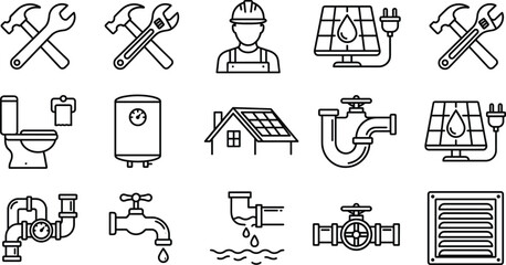 Home plumbing service and solar heating line icon set featuring professional technician repair tools and drainage system © AKTAR