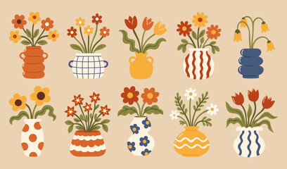 Boho autumn flower bouquets in ceramic vases vector set. Flat sunflower, tulip, and daisy floral arrangements for cozy home decor, fall greeting cards and seasonal poster designs © Kseniya