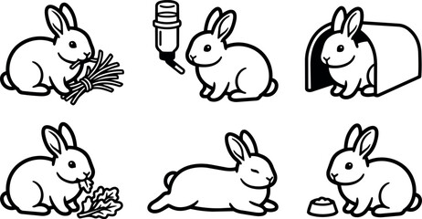 Fototapeta premium Black and white cartoon rabbits eating resting and drinking water