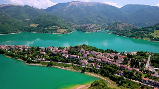 Colli di Tora Aerial Drone Footage Stunning Peninsula Stretching into Emerald Lake Turano Italy Most Beautiful Villages Hidden Gems Panoramic Landscape Authentic Medieval Borgo Scenic Cinematic 4K 