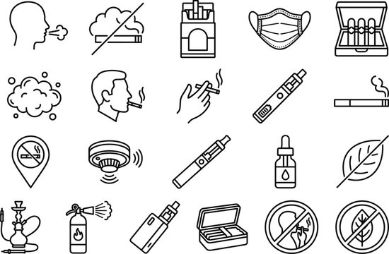 Smoking addiction electronic cigarette and tobacco line icon set featuring vaping accessories public ban symbols