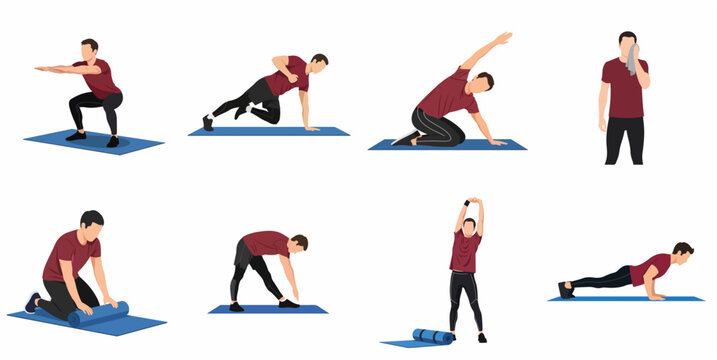 Flat vector illustration set of a man performing various fitness exercises and stretching routines on a yoga mat, isolated on white background.