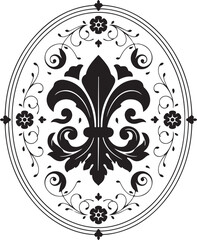 Black and white fleur de lis symbol inside an elegant oval floral frame © abdurrahimsofikul