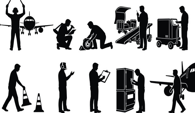 Wind turbine maintenance silhouette set featuring engineers repairing green energy systems, climbing towers, and inspecting wind generators.eps, 