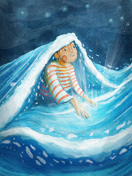 Ni&ntilde;o sale de entre las olas del mar, ilustraci&oacute;n de acuarela digital