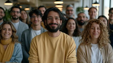 Fototapeta premium Wide environmental shot of Lebanese and Korean cooperative platform workers gathered around shared ownership agreement signing, democratic workspace, modern coworking interior,