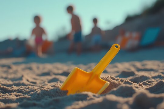 Close up of plastic spade in sand on sea background