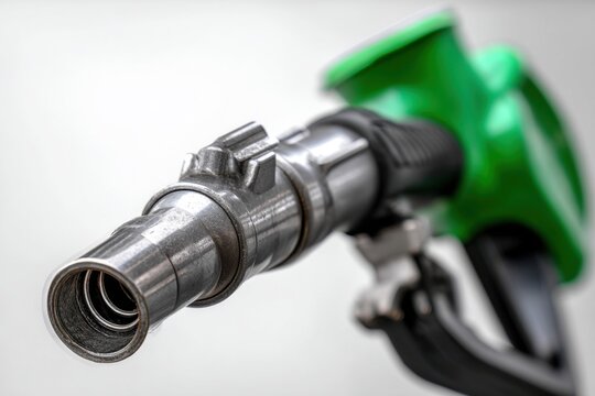 Close up of green fuel pump nozzle at gas station
