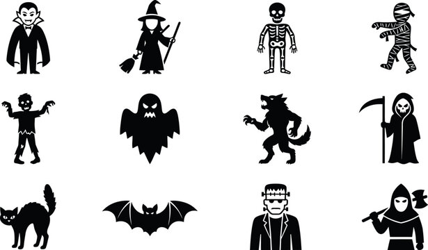 Halloween icons set including vampire witch skeleton mummy zombie ghost werewolf grim reaper cat bat frankenstein and executioner