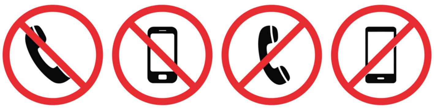 No Mobile Phones Sign Featuring Telephone Use Prohibition No Cell Phone Warning and Restriction Symbols Vector Set