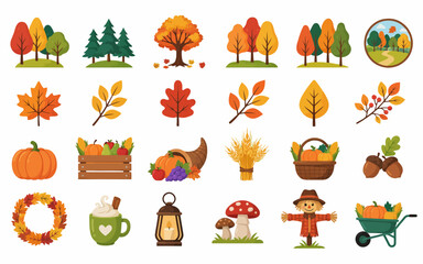 Obraz premium Colorful autumn harvest icons with trees leaves vegetables and seasonal decorations